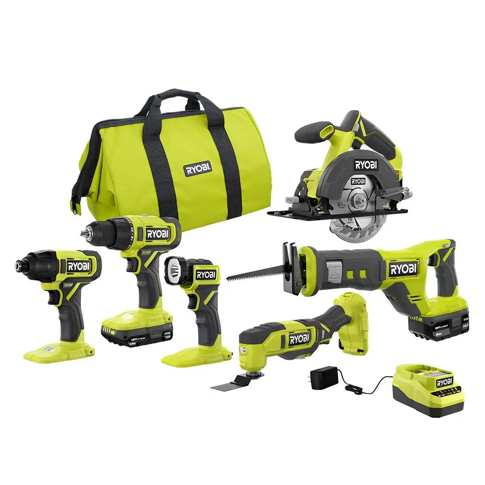 RYOBI ONE+ 18V Cordless 6-Tool Combo Kit with 1.5 Ah Battery, 4.0 Ah Battery, and Charger RYOBIBullseye Deals