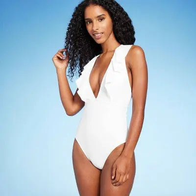 Shade & Shore Women's Plunge Flounce Neckline One-Piece Swimsuit - Secondipity