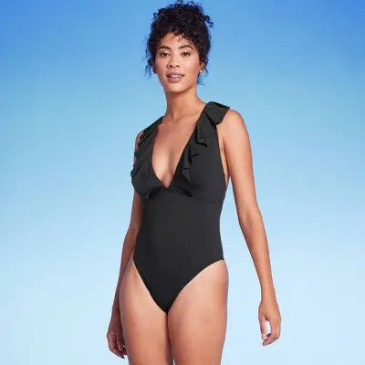 Shade & Shore Women's Plunge Flounce Neckline One-Piece Swimsuit - Secondipity