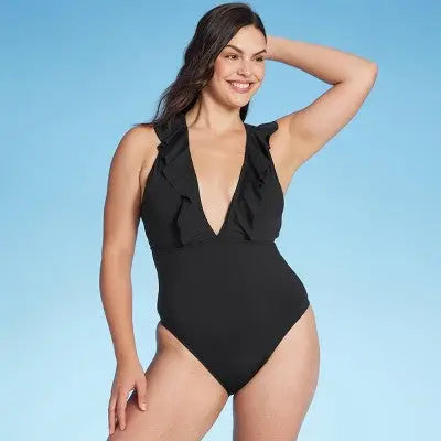 Shade & Shore Women's Plunge Flounce Neckline One-Piece Swimsuit - Secondipity