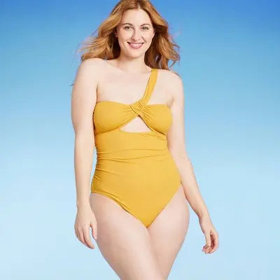 Shade & Shore Women's Asymmetric Twist One Piece Swimsuit - Gold Shade & ShoreBullseye Deals