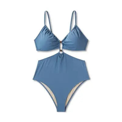 Shade & Shore Women's Dusty Blue Plunge Cut-Out One Piece Swimsuit Bead Details Shade & ShoreBullseye Deals
