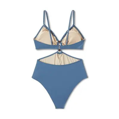 Shade & Shore Women's Dusty Blue Plunge Cut-Out One Piece Swimsuit Bead Details Shade & ShoreBullseye Deals