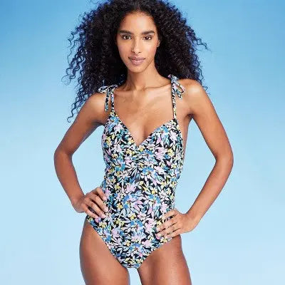 Shade & Shore Women's Floral Print Plunge Shoulder Tie One-Piece Swimsuit - Secondipity