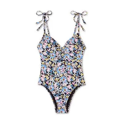 Shade & Shore Women's Floral Print Plunge Shoulder Tie One-Piece Swimsuit - Secondipity