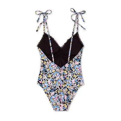 Shade & Shore Women's Floral Print Plunge Shoulder Tie One-Piece Swimsuit - Secondipity
