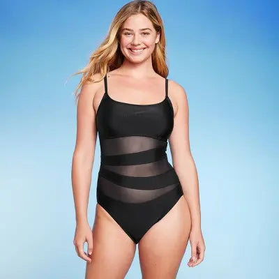 Shade & Shore Women's Mesh Front One Piece Swimsuit | Adjustable Straps | Black Shade & Shore