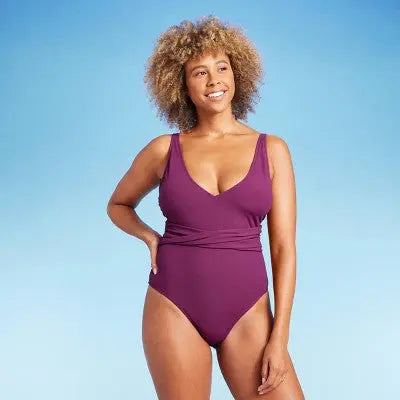 Shade & Shore Women's Plunge One Piece Swimsuit Ribbed Swimwear Shade & ShoreBullseye Deals