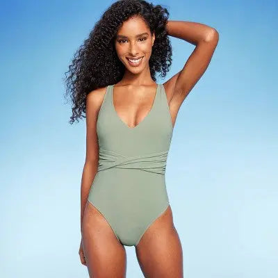 Shade & Shore Women's Plunge One Piece Swimsuit Ribbed Swimwear Shade & ShoreBullseye Deals