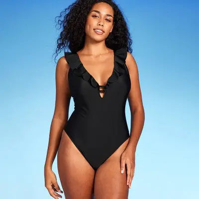 Shade & Shore Women's Plus Plunge One Piece Swimsuit Ruffle Swimwear Shade & ShoreBullseye Deals