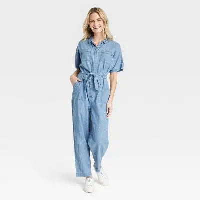 Universal Thread Women's Button Down Short Sleeve Jumpsuits Front Ties, Blue Universal ThreadBullseye Deals
