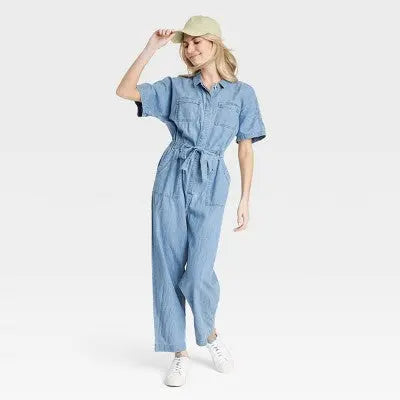Universal Thread Women's Button Down Short Sleeve Jumpsuits Front Ties, Blue Universal ThreadBullseye Deals
