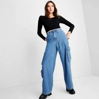 Universal Thread Women's High-Rise Wide Leg Denim Jeans Cargo Pants Streetwear Universal ThreadBullseye Deals
