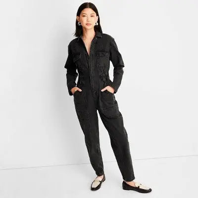 Universal Thread Women's Long Sleeve Denim Jumpsuit Wide-Leg Overalls Universal ThreadBullseye Deals