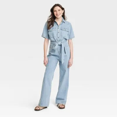 Universal Thread Women's Short Sleeve Denim Jumpsuit, Light Wash, Belted Waist Universal ThreadBullseye Deals