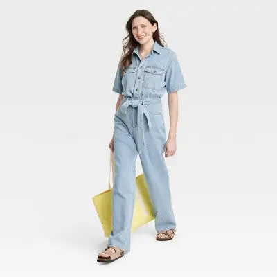 Universal Thread Women's Short Sleeve Denim Jumpsuit, Light Wash, Belted Waist Universal ThreadBullseye Deals