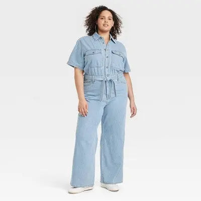 Universal Thread Women's Short Sleeve Denim Jumpsuit, Light Wash, Belted Waist Universal ThreadBullseye Deals