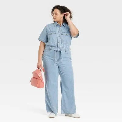 Universal Thread Women's Short Sleeve Denim Jumpsuit, Light Wash, Belted Waist Universal ThreadBullseye Deals