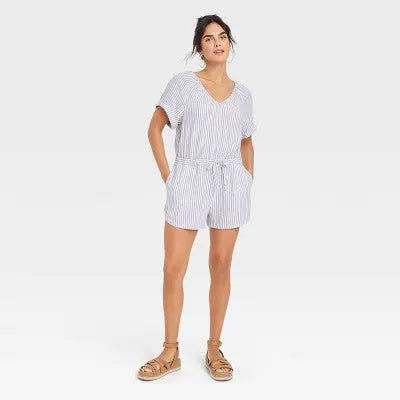Universal Thread Women's Striped Short Sleeve Canvas Romper with Tie Waist Universal ThreadBullseye Deals