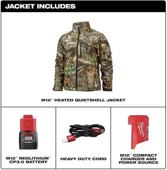 Used - Light Use - Milwaukee Men's Large M12 12V Lithium-Ion Cordless QUIETSHELL Camo Heated Jacket with (1) 3.0 Ah Battery and Charger, Camouflage - Secondipity