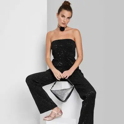 Wild Fable Women's Tube Sequin Mesh Jumpsuit Bandeau Strapless Off-The-Shoulder Wild FableBullseye Deals