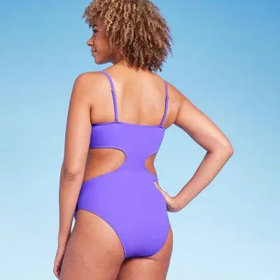 Women's Bead Detail Cut-Out One-Piece Swimsuit - Violet, Adjustable Straps Shade - Secondipity