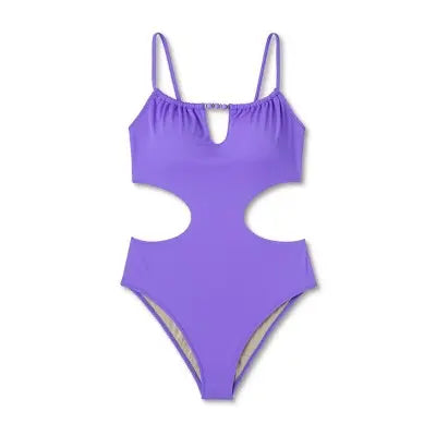 Women's Bead Detail Cut-Out One-Piece Swimsuit - Violet, Adjustable Straps Shade - Secondipity