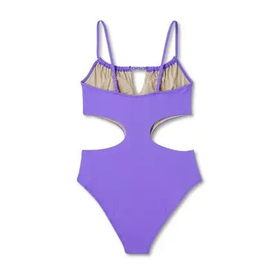 Women's Bead Detail Cut-Out One-Piece Swimsuit - Violet, Adjustable Straps Shade - Secondipity