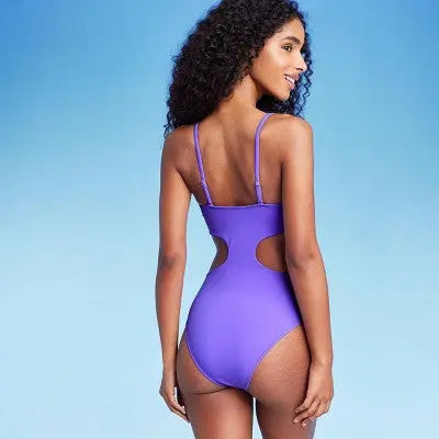Women's Bead Detail Cut-Out One-Piece Swimsuit - Violet, Adjustable Straps Shade - Secondipity