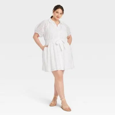 Women's Eyelet Balloon Elbow Sleeve Mini Shirtdress - A New Day White XXL A New Day