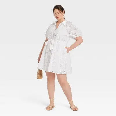 Women's Eyelet Balloon Elbow Sleeve Mini Shirtdress - A New Day White XXL A New Day