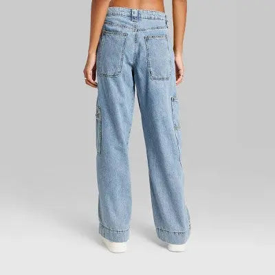 Women's High-Rise Cargo Baggy Jeans - Wild Fable Medium Wash 14 Wild FableBullseye Deals