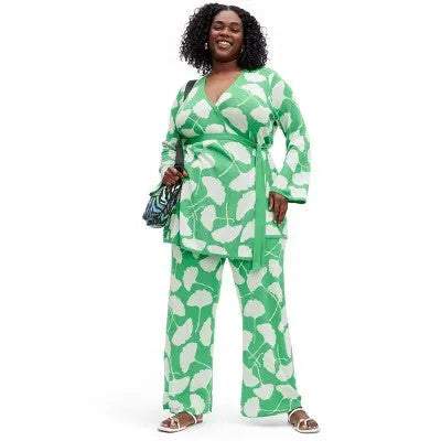 Women's High-Waisted Ginkgo Green Flare Pants DVF Jacquard Knit, Wide Legs, Elastic Diane von Furstenberg for TargetBullseye Deals