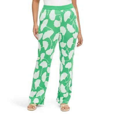 Women's High-Waisted Ginkgo Green Flare Pants DVF Jacquard Knit, Wide Legs, Elastic Diane von Furstenberg for TargetBullseye Deals