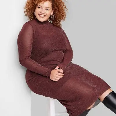 Women's Long Sleeve Lurex Mesh Midi Dress - Wild Fable Burgundy XXL Wild FableBullseye Deals