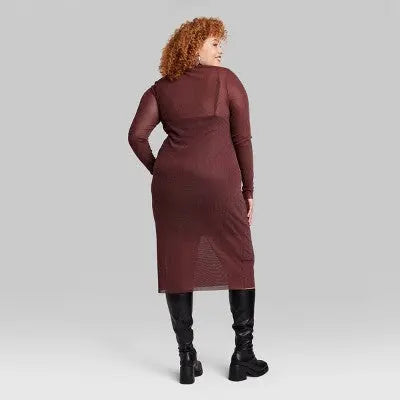 Women's Long Sleeve Lurex Mesh Midi Dress - Wild Fable Burgundy XXL Wild FableBullseye Deals