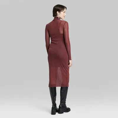 Women's Long Sleeve Lurex Mesh Midi Dress - Wild Fable Burgundy XXL Wild FableBullseye Deals