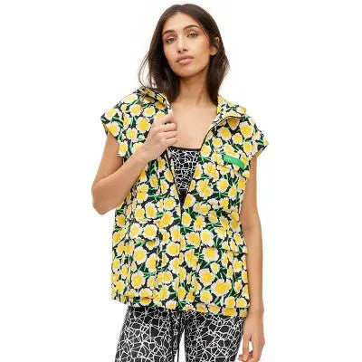 Women's Nylon Packable Yellow Poppy Short Sleeve Hooded Vest - DVF - Secondipity