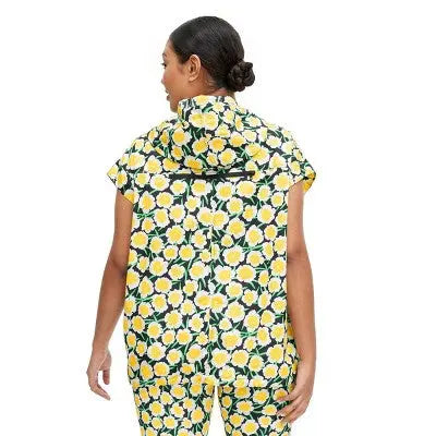 Women's Nylon Packable Yellow Poppy Short Sleeve Hooded Vest - DVF - Secondipity