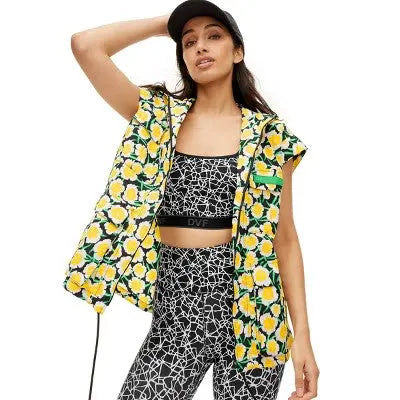 Women's Nylon Packable Yellow Poppy Short Sleeve Hooded Vest - DVF - Secondipity