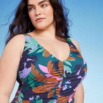 Women's Shirred Plunge One Piece Swimsuit - Shade & Shore Multi Floral Print Shade & ShoreBullseye Deals
