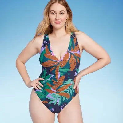 Women's Shirred Plunge One Piece Swimsuit - Shade & Shore Multi Floral Print Shade & ShoreBullseye Deals