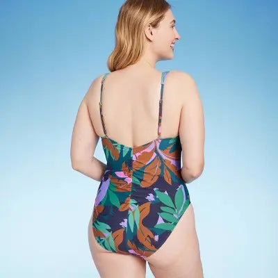 Women's Shirred Plunge One Piece Swimsuit - Shade & Shore Multi Floral Print Shade & ShoreBullseye Deals