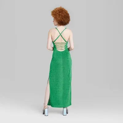 Women's Sleeveless Lace-Up Back Maxi Dress, Stretchy Fabric, Square Neckline - Secondipity