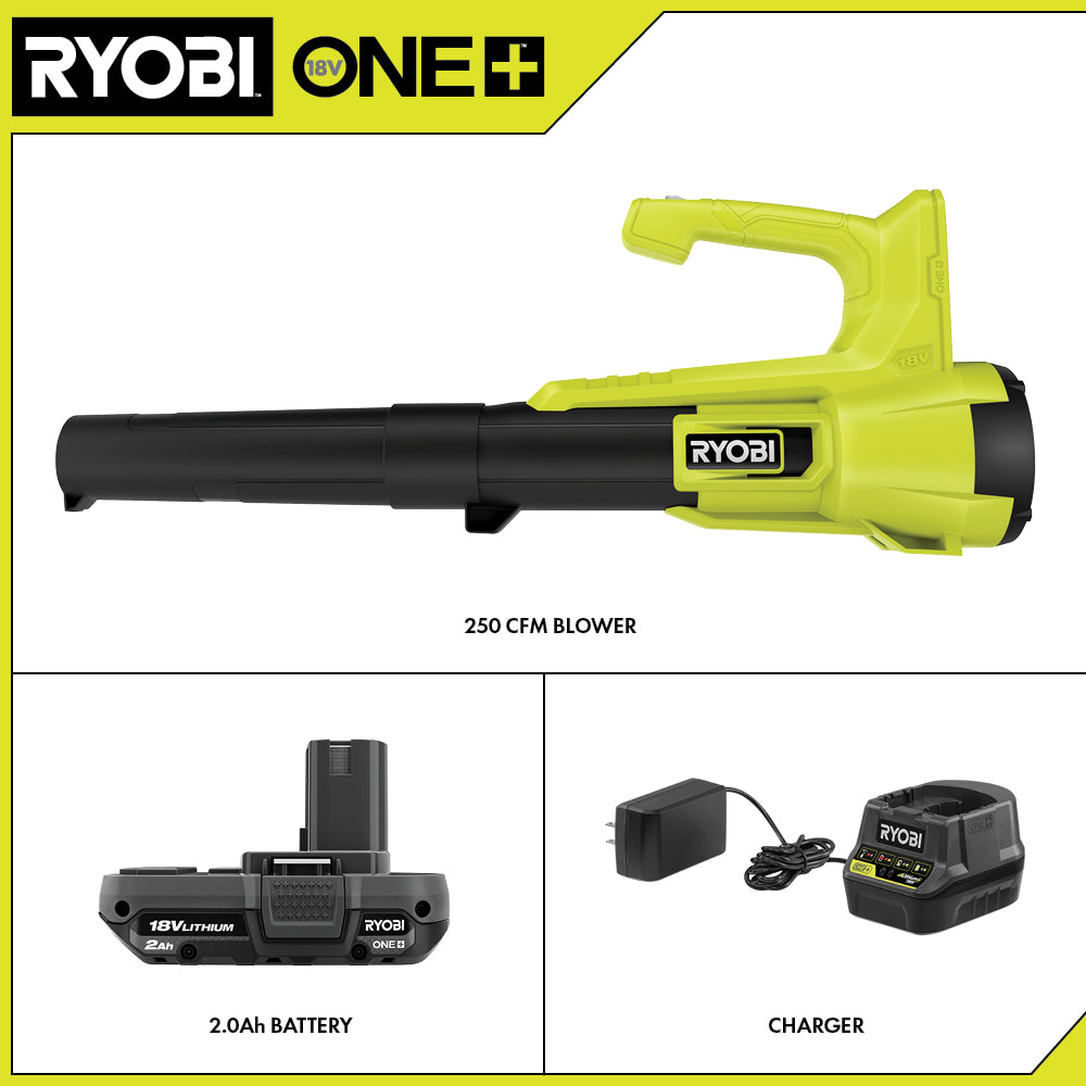 Open Box - RYOBI ONE+ 18V 90 MPH 250 CFM Cordless Battery Leaf Blower/Sweeper with 2.0 Ah Battery and Charger