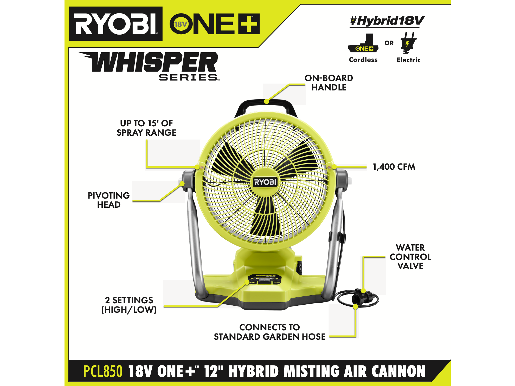 Open Box - ONE+ 18V Cordless Hybrid WHISPER SERIES 12 in. Misting Cannon Fan (Tool Only), RYOBI Green