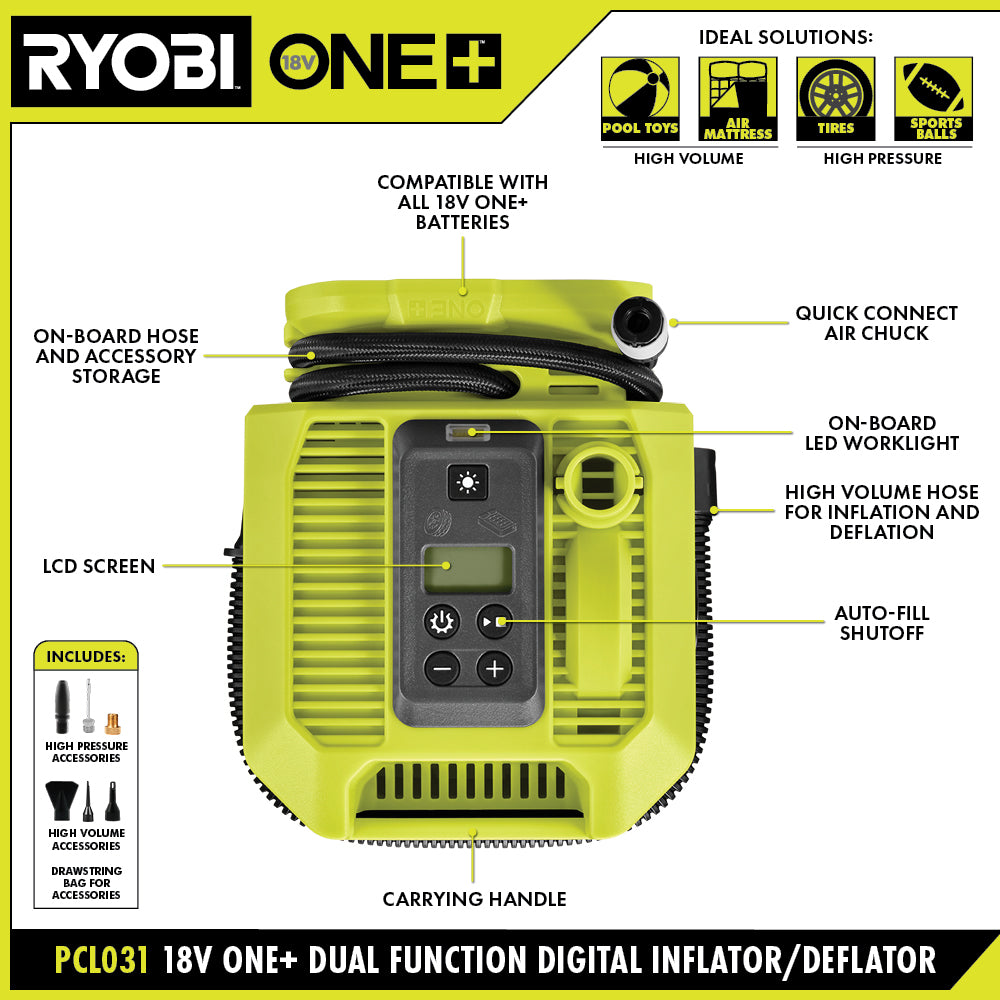 Open Box -  RYOBI ONE+ 18V Cordless Dual Function Inflator/Deflator(Tool Only)
