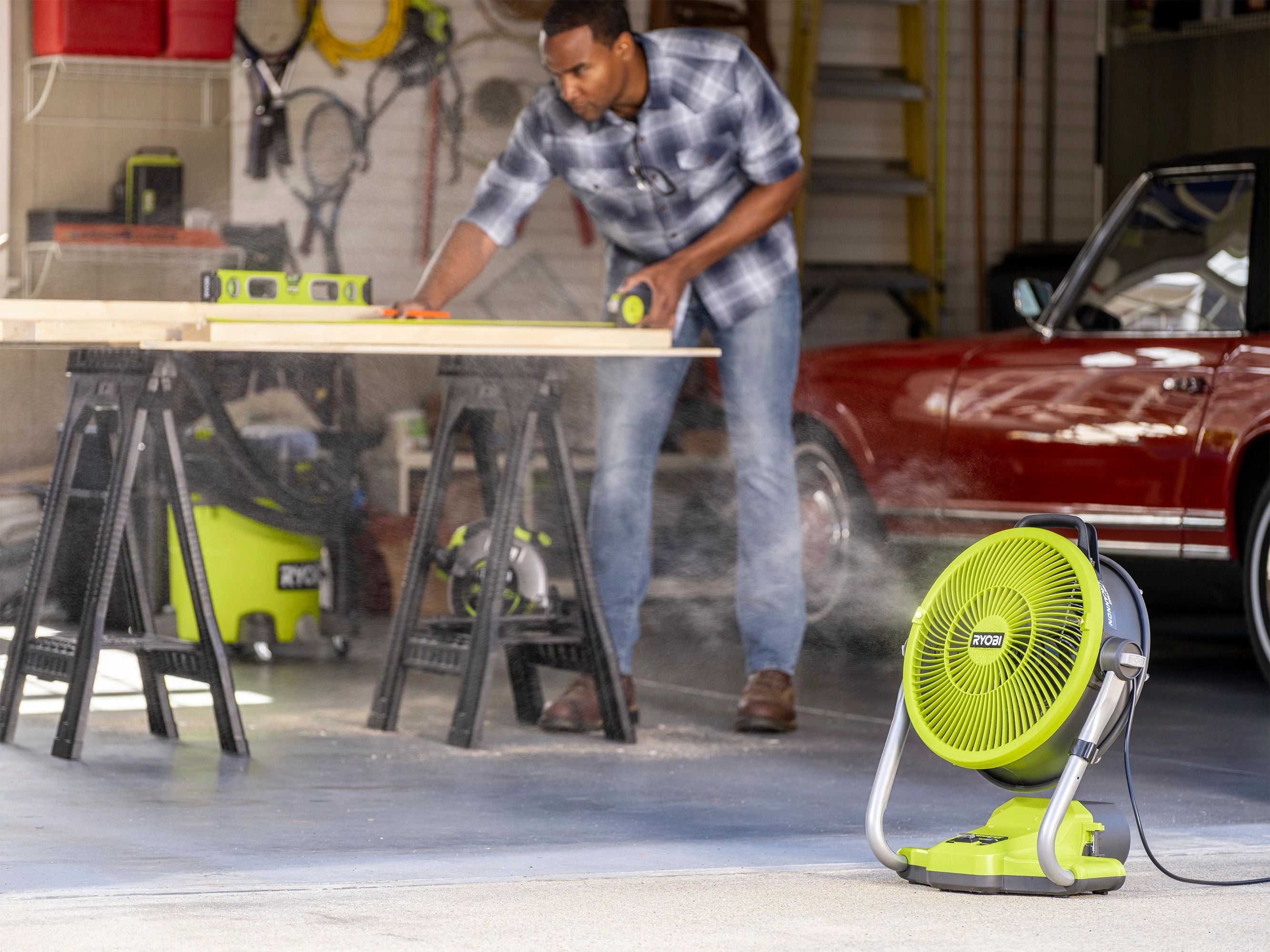 Open Box -  ONE+ 18V Cordless Hybrid WHISPER SERIES 12 in. Misting Cannon Fan (Tool Only), RYOBI Green RYOBIBullseye Deals