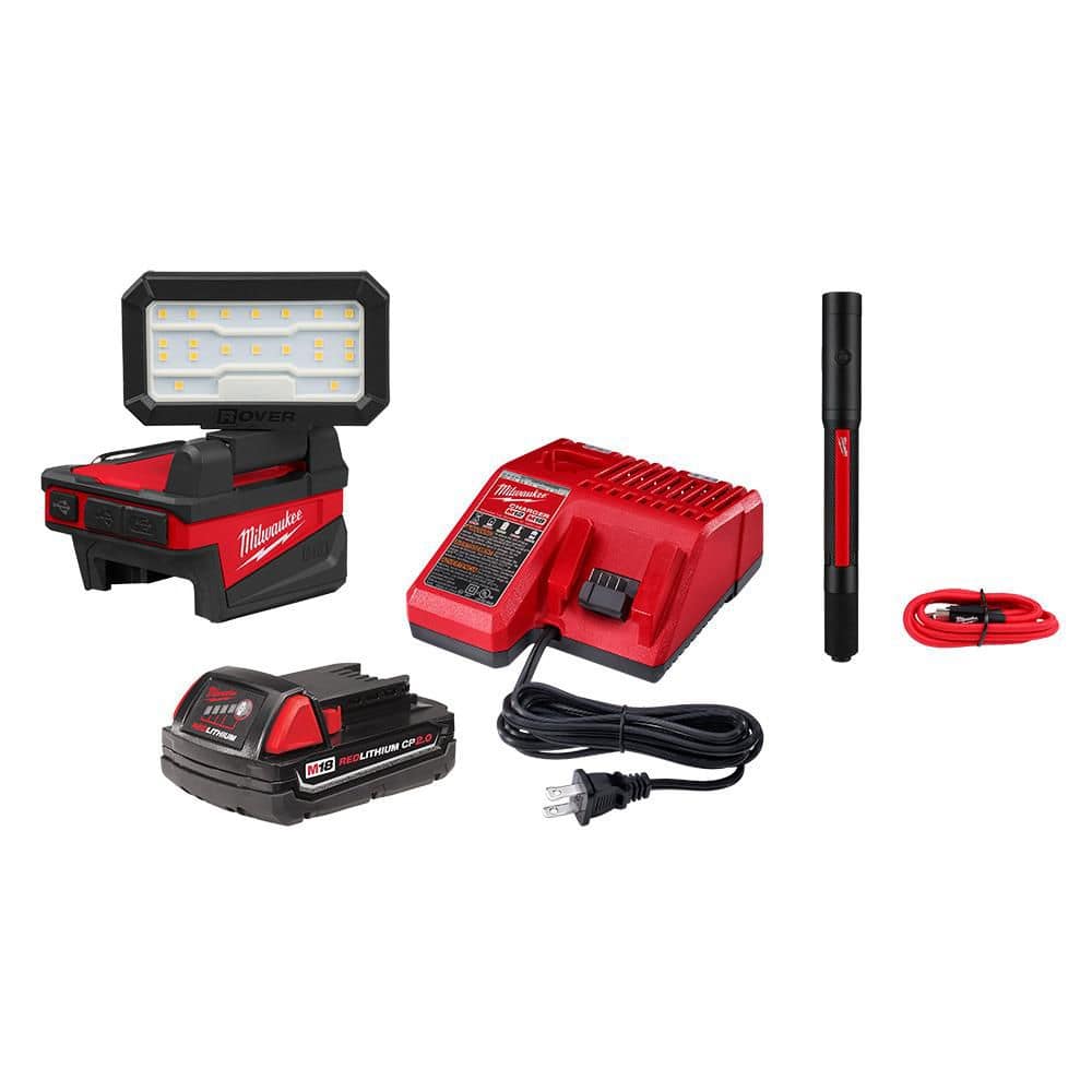 Open Box - M18 18-Volt Lithium-Ion Cordless ROVER Flood Light with (1) M18 2.0 Ah Battery, Charger, and Rechargeable Penlight