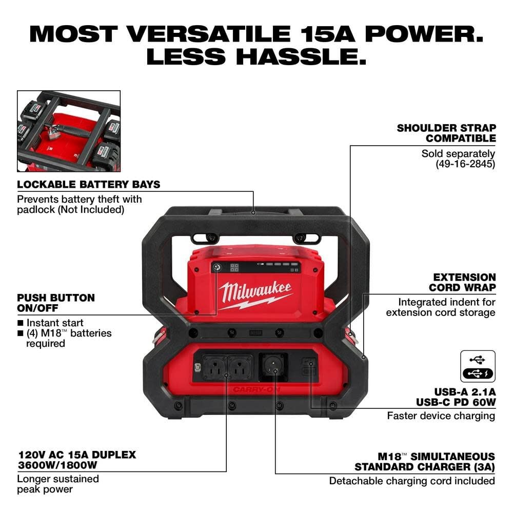 Open Box -  Milwaukee Tool M18 18V Lithium-Ion Cordless CARRY-ON 3600W/1800W Battery Powered Power Supply (Tool Only)